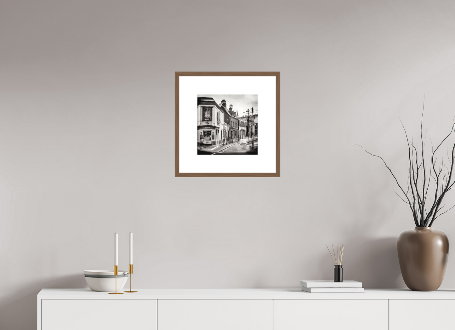 30 x 30 cm, Medium Walnut Frame 8 cm Mount Dalkey